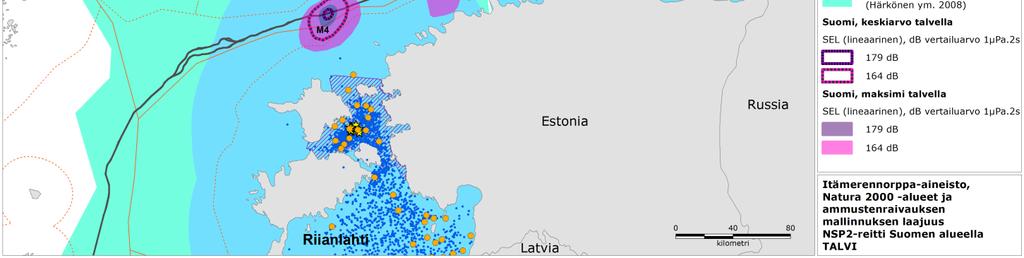 Tässä on huomioitava,  Kuva 8-6 Lähettimillä varustettujen Itämerennorppien seurantatiedot (37 jäljitettyä yksilöä, lähde: Eestimaa Looduse Fond, Pro Mare), yhdyskuntien sijaintipaikat, Natura