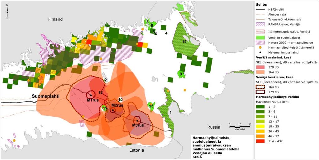 Kuva 8-9 Harmaahylkeiden esiintymistiheys, joka perustuu lähettimellä varustettujen yksilöiden liikkeisiin (näyttää 38:n GPS-seurannassa olleen harmaahylkeen sijainnin ruudukon solua kohden;