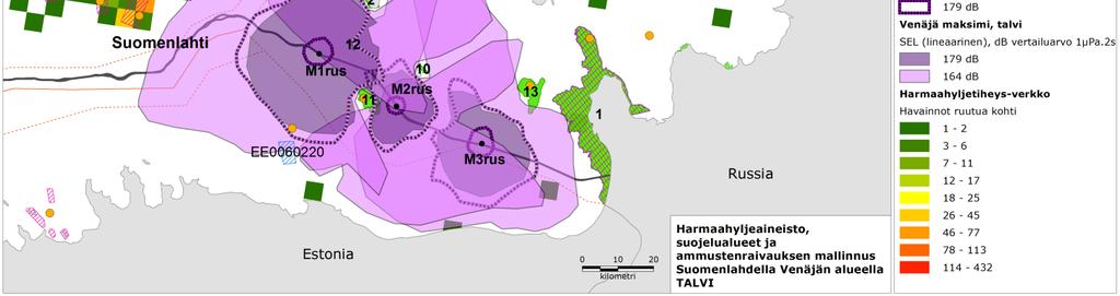 tietolähde: HEL- COM BALSAM Seal), yhdyskuntien sijaintipaikat, Natura 2000 -alueet harmaahylkeille, suojellut merialueet Venäjän vesialueilla ja mallinnettu ammusten raivauksen laajuus talvella