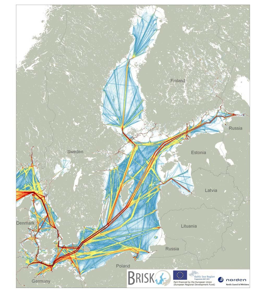 Kuva 9-1 Laivaliikenteen tiheys Itämerellä vuonna 2009 AIS-tietojen mukaan (ladattu osoitteesta http://www.brisk.helcom.fi/risk_analysis/traffic/).