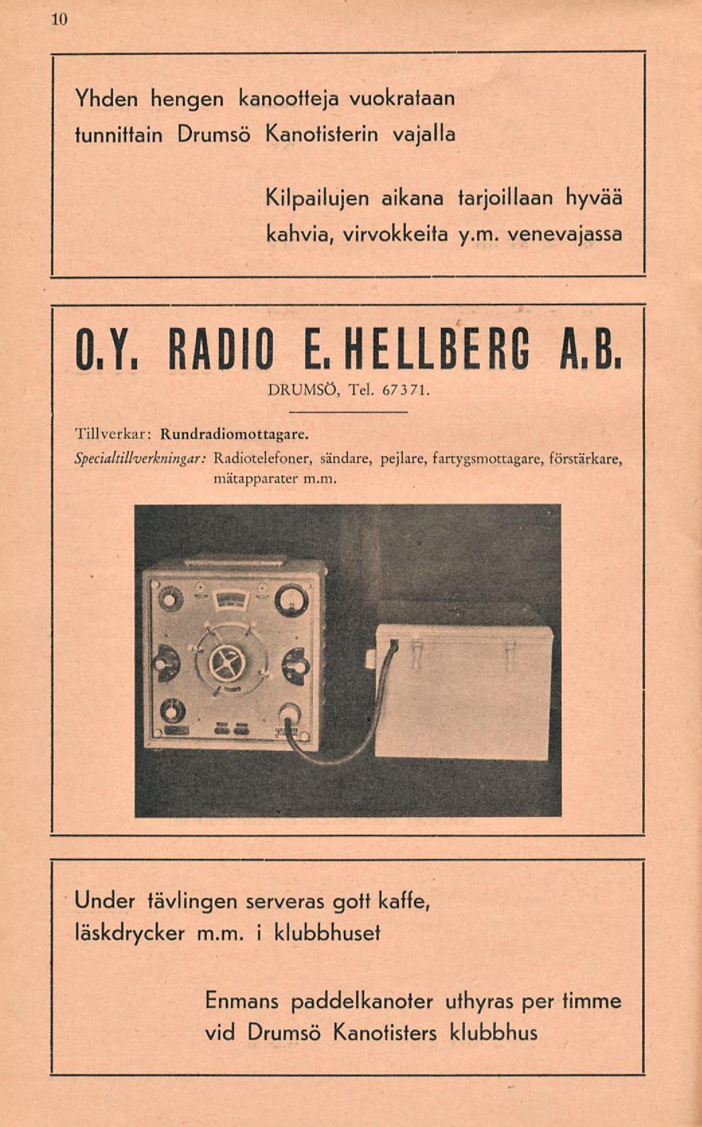 II) Yhden hengen kanootteja vuokrataan tunnittain Drumsö Kanotisterin vajalla Kilpailujen aikana tarjoillaan hyvää kahvia, virvokkeita y.m. venevajassa O.Y. RADIO E. HELLBERG A.B. DRUMSÖ, Tel.