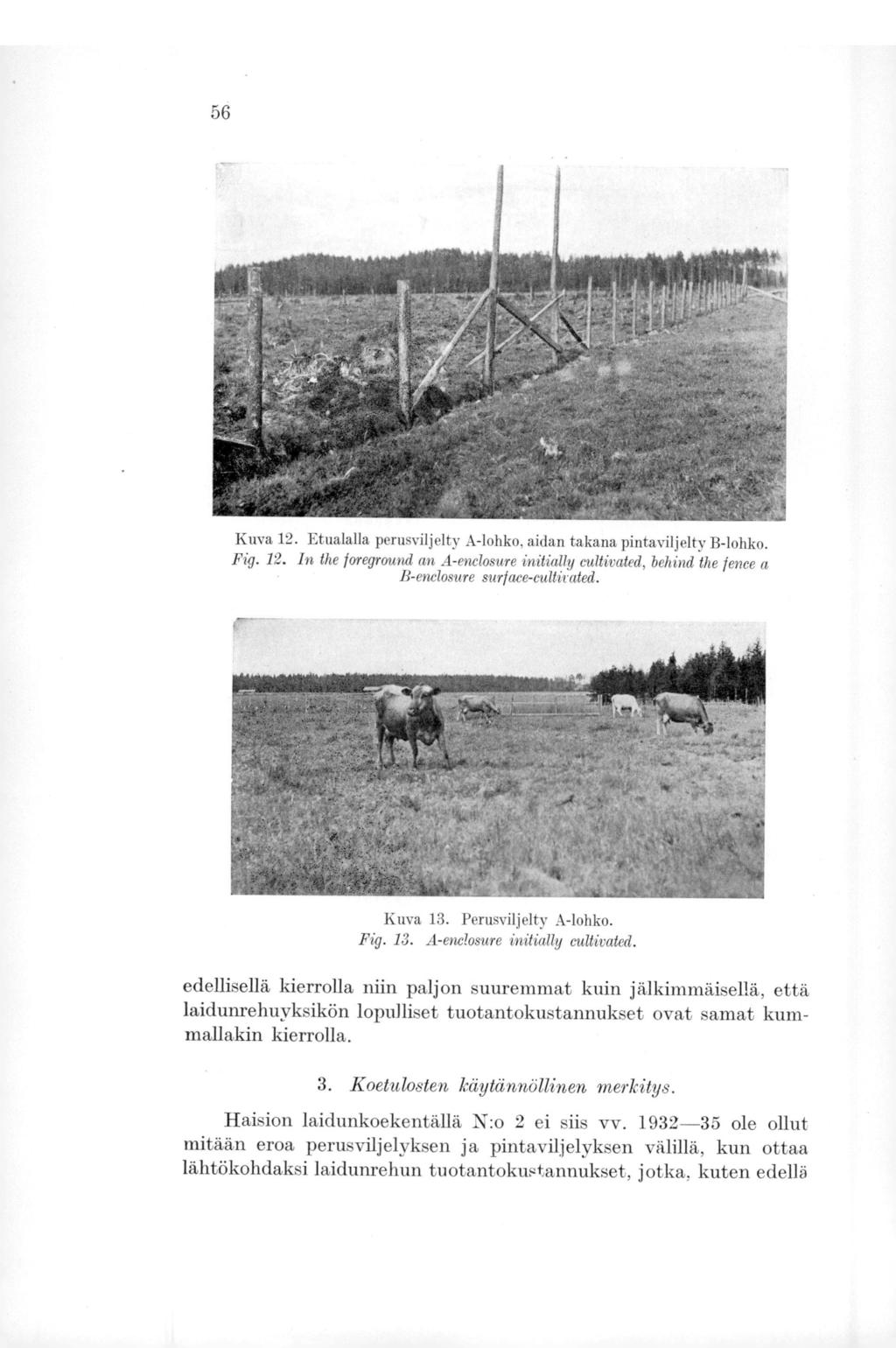 56 Kuva 12. Etualalla perusviljelty A-lohko, aidan takana pintaviljelty B-lohko. Fig. 12. In the foreground an A-enclosure initially cultivated, behind the lence a B-enclosure suri ace-cultivated.