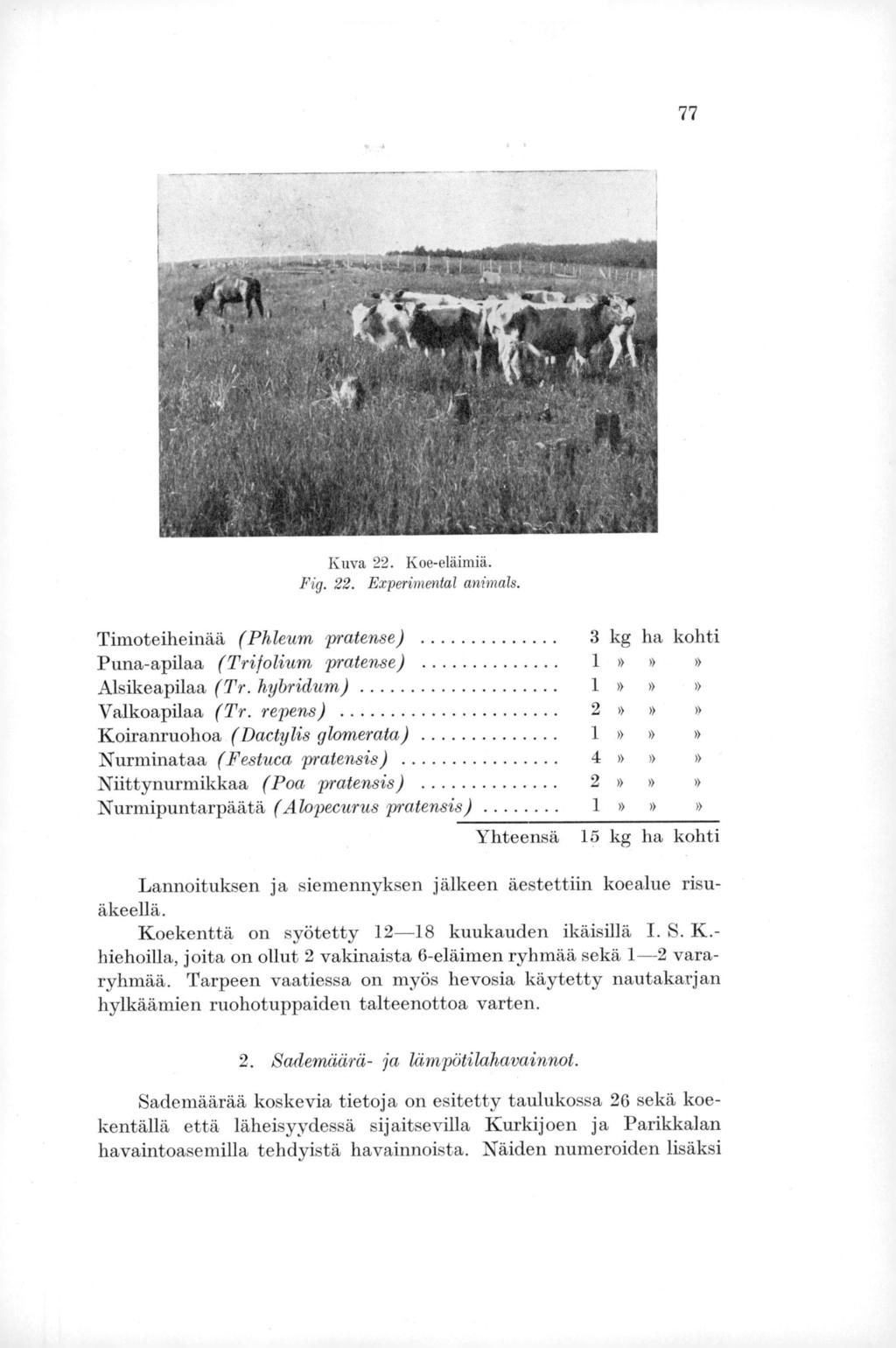 77 Kuva 22. Koe-eläimiä. Fig. 22. Experimental animals. Timoteiheinää (Phleum pratense) 3 kg ha kohti Puna-apilaa (Trifolium pratense) 1»»» Alsikeapilaa (Tr. hybridum) 1»»» Valkoapilaa (Tr.