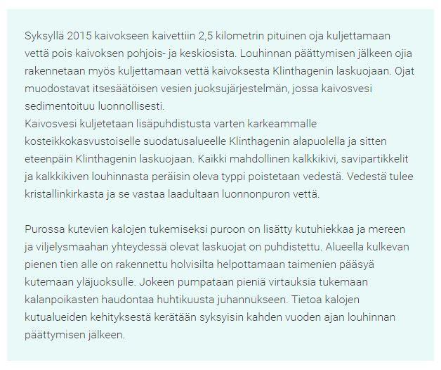Pg. 14 Suunnitelmallista vesienhallintaa Kaloille kutupaikkoja osana Klinthagenin louhoksen jälkihoitoa Klinthagenin kaivoksessa sijaitsevassa järvessä on tänä päivänä noin 2,5 miljoonaa