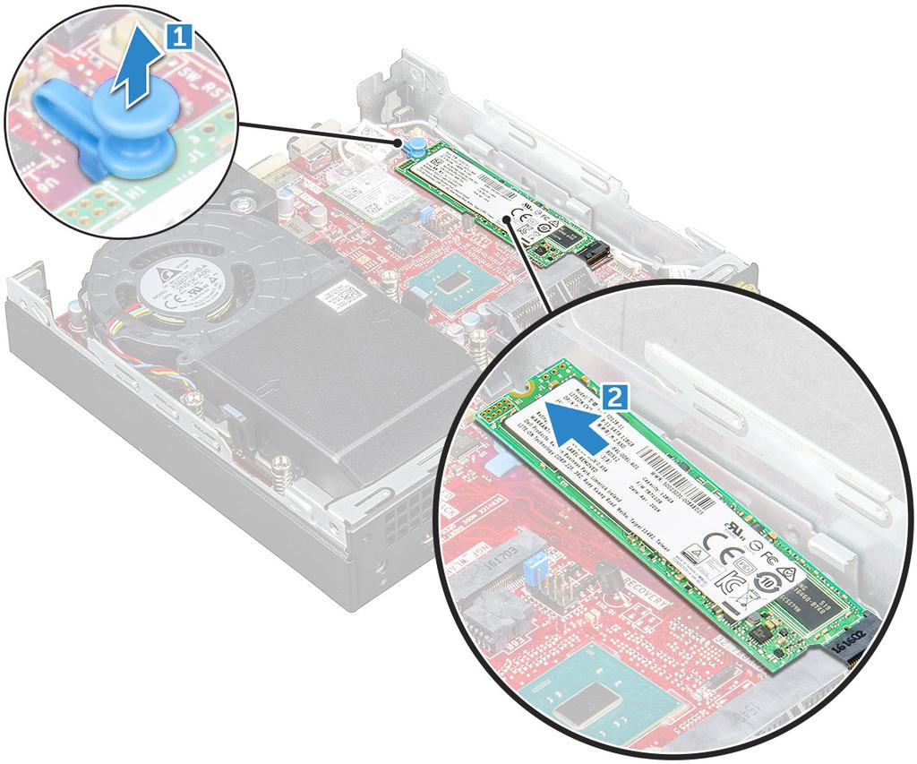 Valinnaisen M.2 PCIe SSD -aseman asentaminen 1 Aseta M.2 PCIe SSD -asema liitäntään. 2 Kiinnitä M.2 PCIe SSD -asema painamalla sinistä kielekettä.