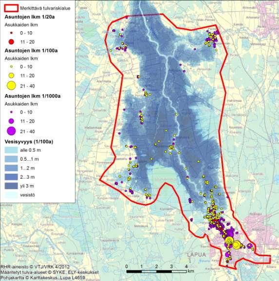 Kuva 3. -alueella sijaitsevat rakennukset tulvien toistuvuudella 1/20a, 1/100a ja 1/1000a.
