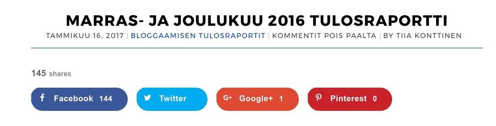 Marras- ja joulukuun tulosraportti 2016 Postaus julkaistu: 16.01.2017 Sanamäärä: 1749 Lukukerrat: Jakomäärä: Postauksen tavoite: Toinen myyntiin tähtäävä postaus Marraskuu oli yrityksessäni hiljainen.