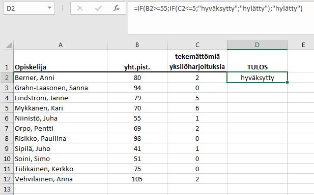 Aulikki Hyrskykari, Antti Sand, Juhani Linna IF-funktion avulla sinulla on mahdollista määrätä solulle arvo, joka riippuu annetun ehdon täyttymisestä.