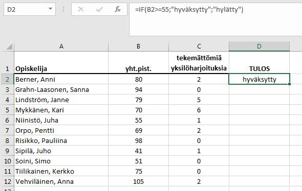 mikäli heidän pistemääränsä vähintään 55 pistettä. Muussa tapauksessa tulos on hylätty. Tämä saadaan IF-funktion avulla aikaan seuraavasti.