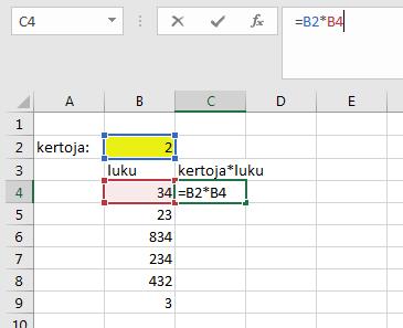 Viittauksen suhteellisuus tulee esille kun kopioidaan kaavoja.