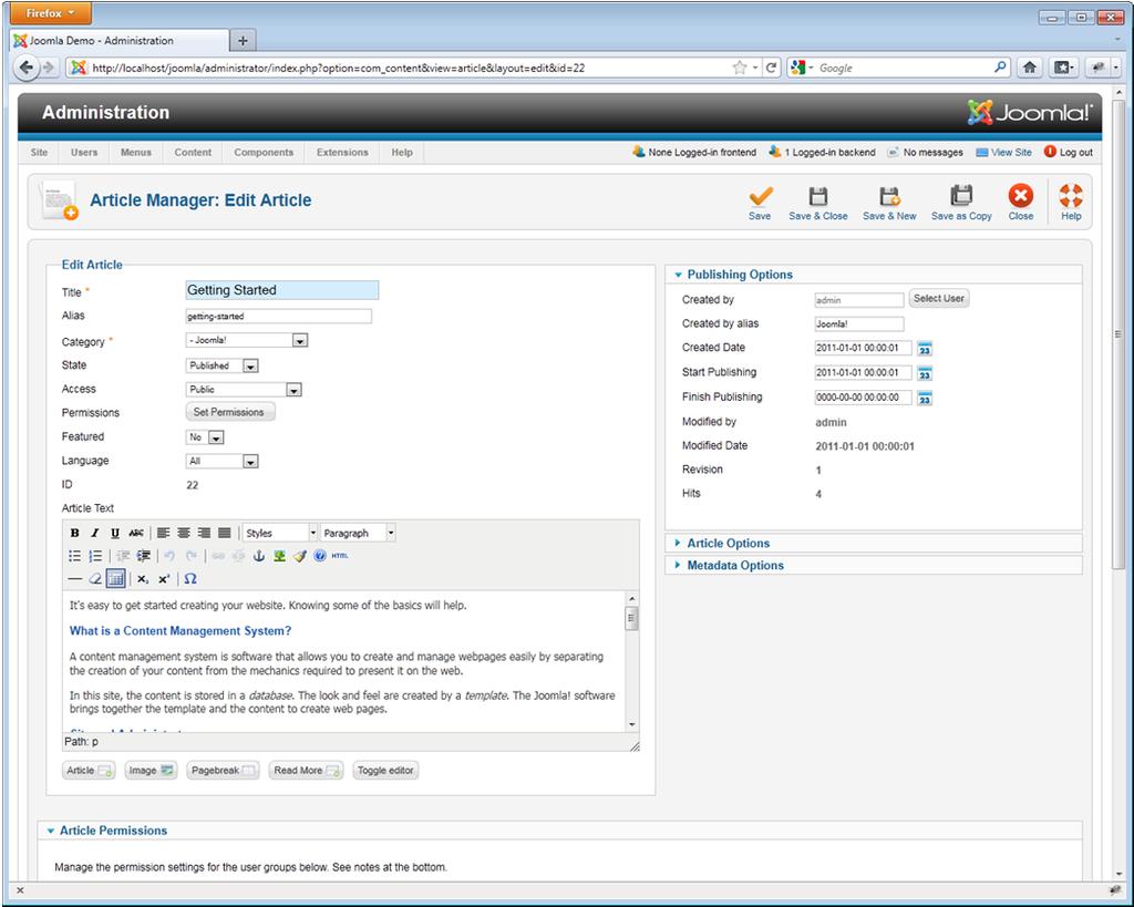 13 KUVIO 2. Artikkelin muokkaus Joomlassa Käyttäjien hallinta Joomla tarjoaa seitsemän eri ryhmää käyttäjähierarkian hallitsemiseen.