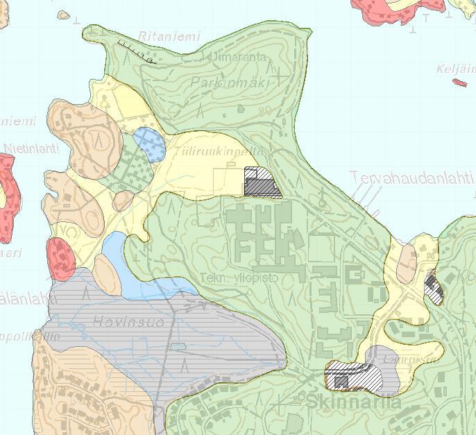 3 Kallioperän kivilajina on pääosassa aluetta rapakivigraniitti (Geologian tutkimuskeskus 2016). Svekokarjalaisten liuskeiden alueen granodioriittijuoni ulottuu selvitysalueen länsireunalle. Kuva 3.