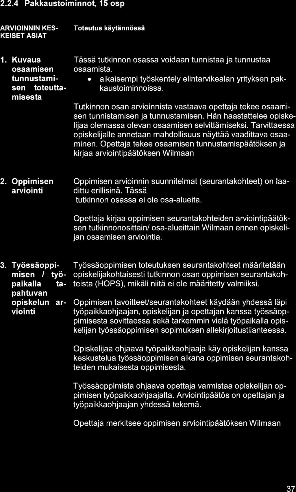 2.2.4 Pkkustoiminnot, 15 osp ARVIOINNIN KES- KEISET ASIAT 1. Kuvus osm sen tunnustmisen toteuttmisest Tässä tutkinnon osss voidn tunnist j tunnust osmist.