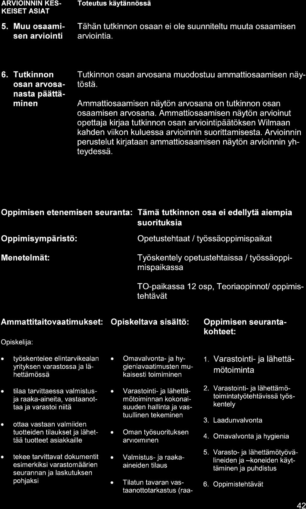 ARVIOINNIN KES. KEISET ASIAT 5. Muu osmisen rv o nt Tähän tutkinnon osn ei ole suunniteltu muut osmisen rviointi. 6.