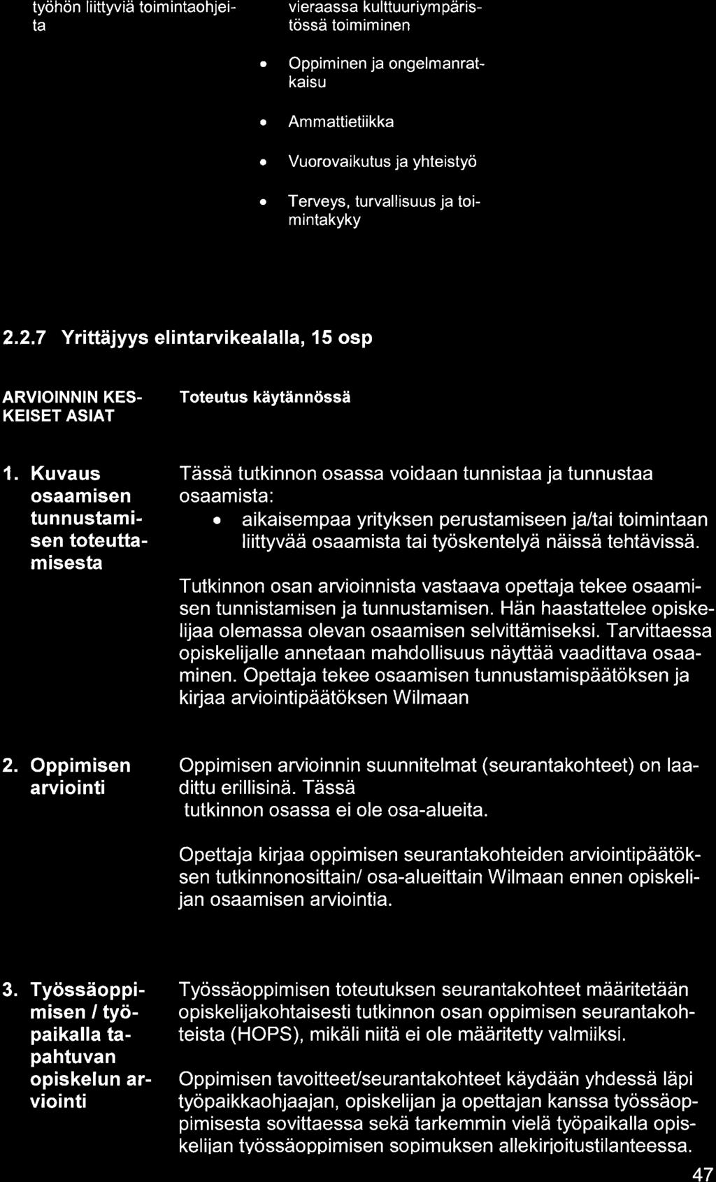 työhön liittyviä toim intohjeit vierss kulttuuriym päristössä toimiminen Oppiminen j ongelmnrtkisu Ammttietiikk Vuorovikutus j yhteistyö Terveys, turvllisuus j toimintkyky 2.