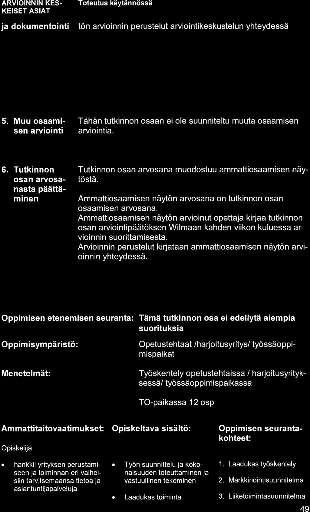 ARVIOINNIN KES. KEISET ASIAT j dokumentointi tön rvioinnin perustelut rviointikeskustelun yhteydessä 5. Muu osmisen rviointi Tähän tutkinnon osn ei ole suunniteltu muut osmisen rviointi. 6.