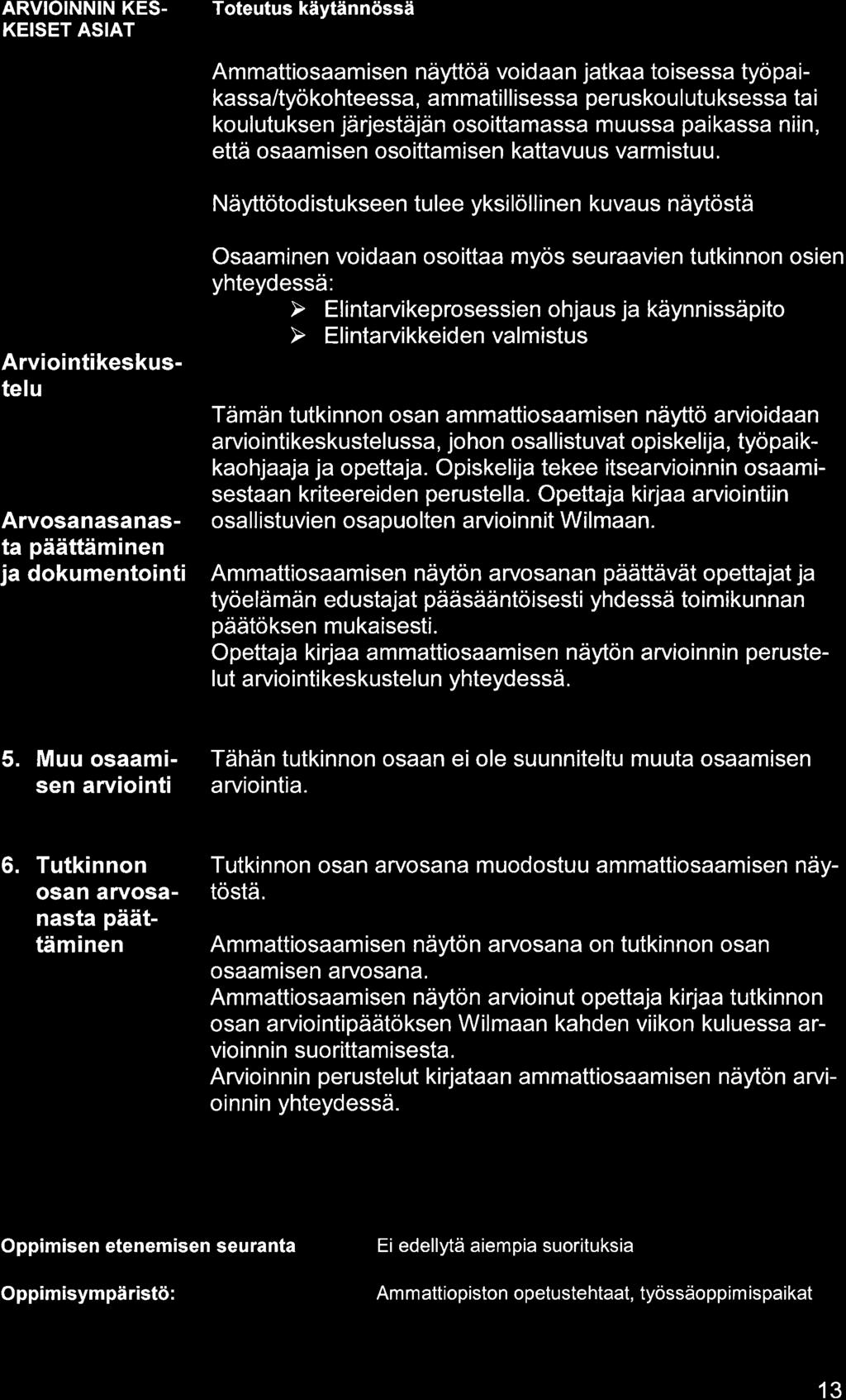 ARVIOINNIN KES- KEISET ASIAT Ammttiosmisen näyttöä voidn jtk toisess työpikss/työkohteess, mmtillisess peruskoulutuksess ti koulutuksen järjestäjän osoittmss muuss pikss niin, että osmisen