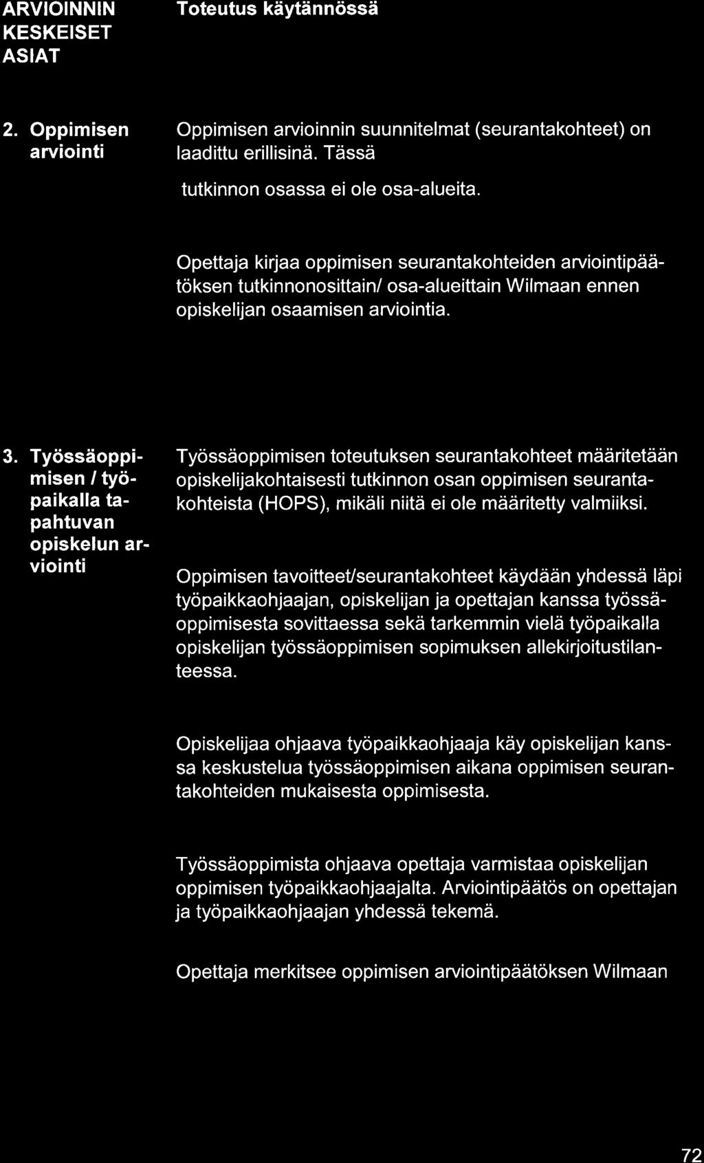 ARVIOINNIN KESKEISET ASIAT 2. Oppimisen rviointi Oppimisen rvioinnin suu nnitelmt (seu rntkohteet) on ldittu erillisinä. Tässä tutkinnon osss ei ole os-lueit.