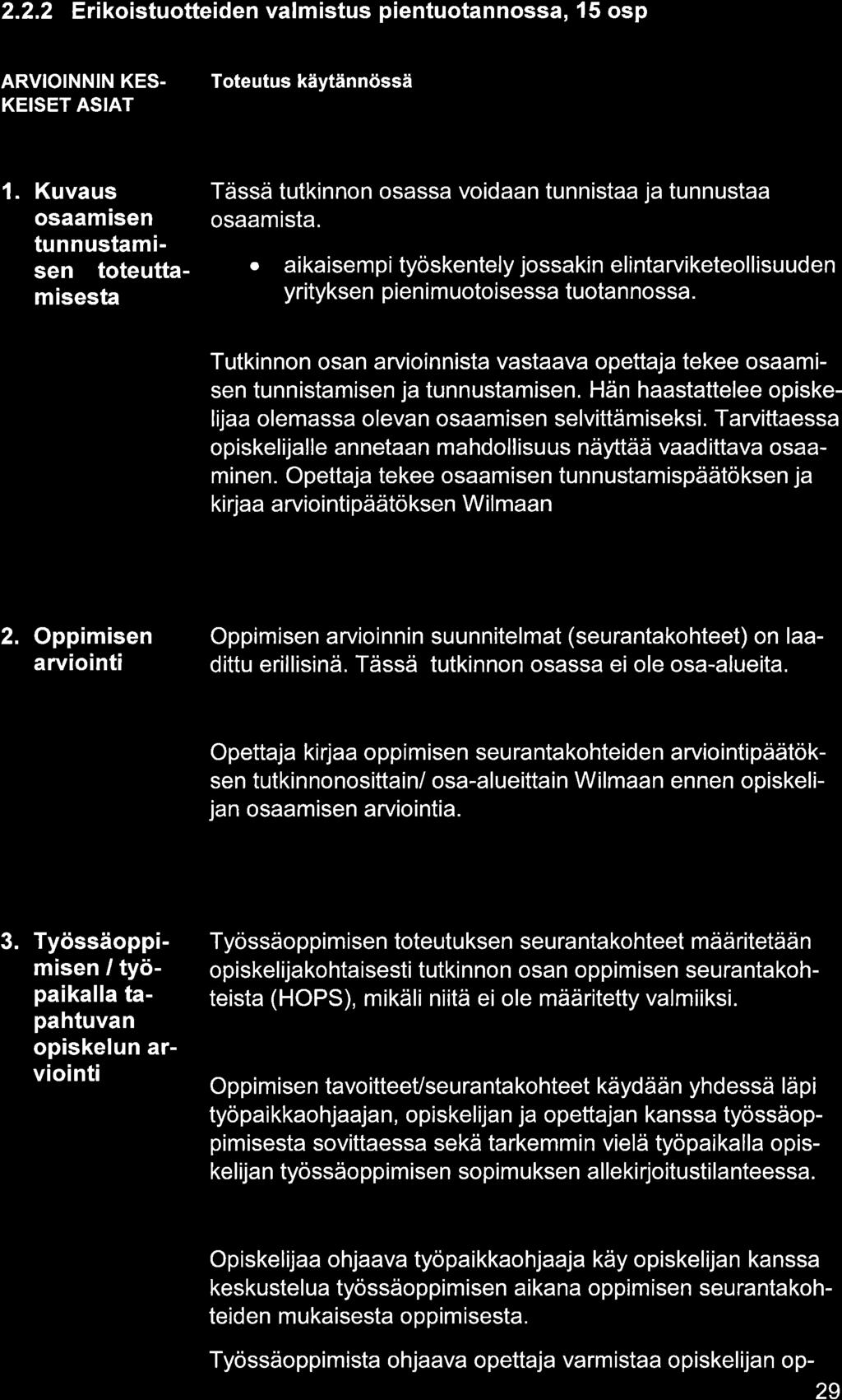 2.2.2 Erikoistuotteiden vlmistus pientuotnnoss, l5 osp ARVIOINNIN KES. KEISET ASIAT 1. Kuvus osmisen tunnustmisen toteuttmisest Tässä tutkinnon osss voidn tunnist j tunnust osmist.