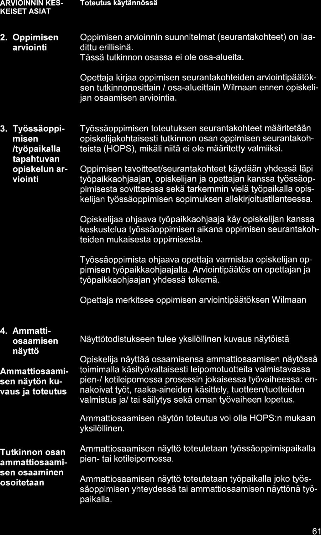 ARVIOINNIN KES. KEISET ASIAT 2. Oppimisen rviointi Oppimisen rvioin nin suunnitelmt (seurntkohteet) on ldittu erillisinä. Tässä tutkinnon osss ei ole os-lueit.