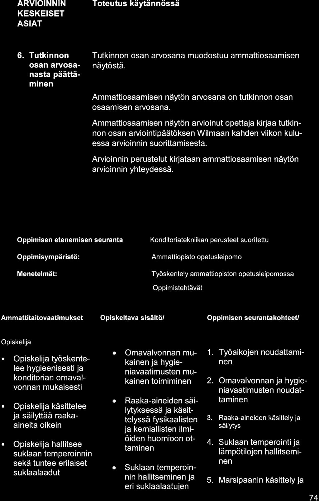 ARVIOINNIN KESKEISET ASIAT 6. Tutkinnon osn ervosnst päättäminen Tutkinnon osn ryosn muodostuu mmttiosmisen näytöstä. Ammttiosmisen näytön rvosn on tutkinnon osn osmisen rvosn.