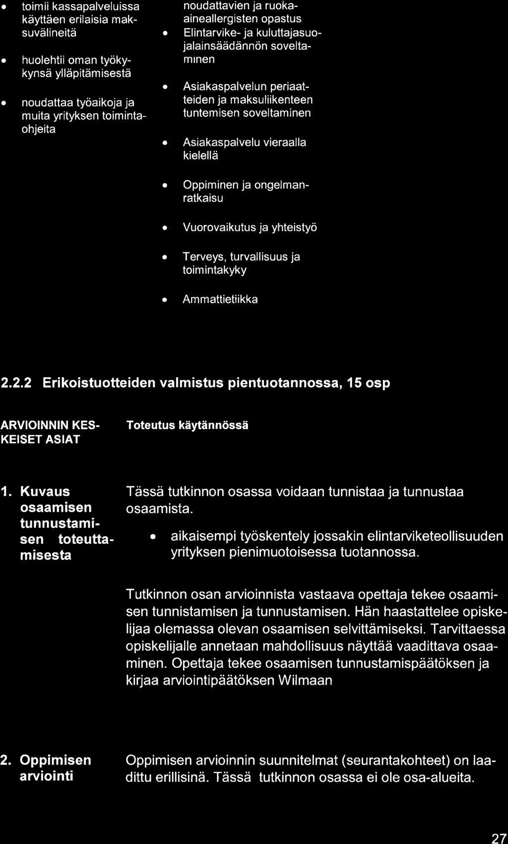 toim ii kssplveluiss käyttäen erilisi mksuvälineitä huolehtii omn työkykynsä ylläpitämisestä noudtt työikoj j muit yrityksen toimintohjeit noudttvien j ruokinellergisten opstus Elintrvike- j