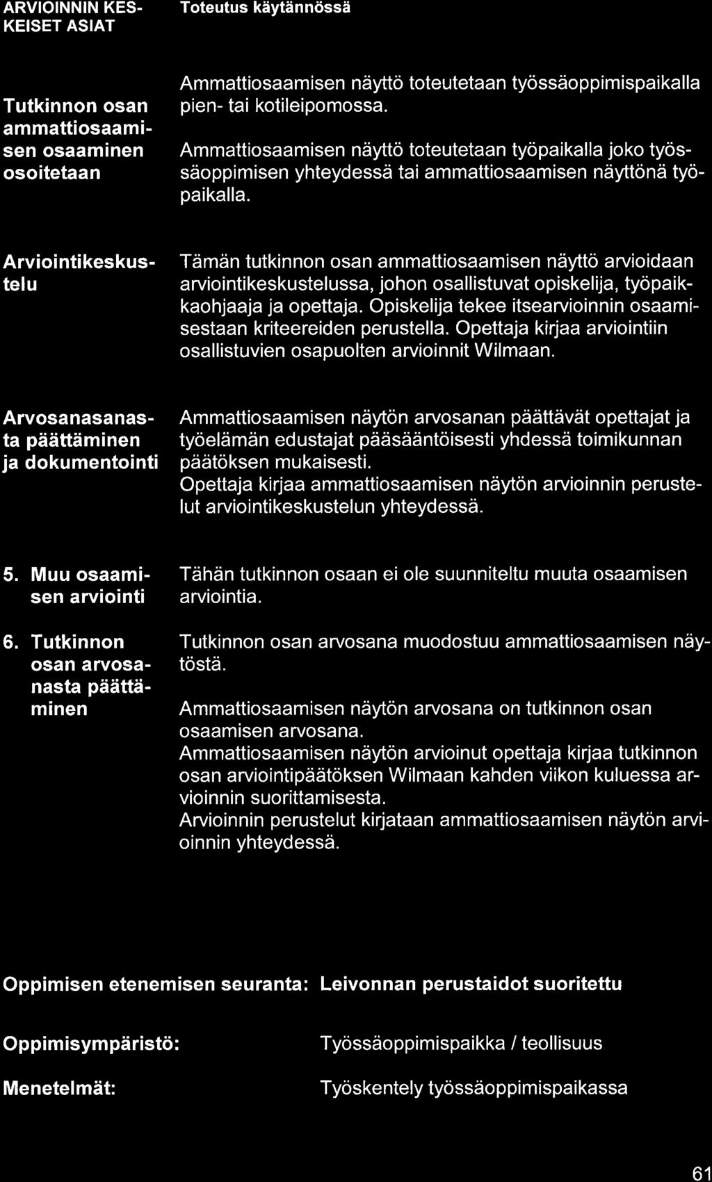 ARVIOINNIN KES. KEISET ASIAT Tutkinnon osn mmtt osmisen osminen osoitetn Am mttios m isen näyttö toteutetn työssäo p p im ispi k I l pien- ti kotileipomoss.