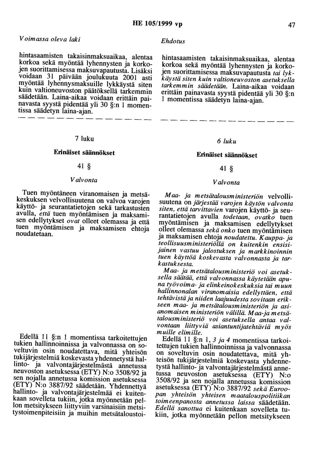 HE 105/1999 vp 47 Voimassa oleva laki hintasaamisten takaisinmaksuaikaa, alentaa korkoa sekä myöntää lyhennysten ja korkojen suorittamisessa maksuvapautusta.