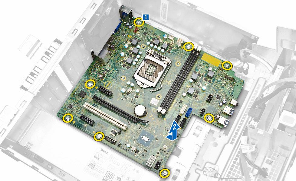 suoritin PCIe-laajennuskortti muistimoduuli 5. Irrota kaikki kaapelit emolevyn liitännöistä. 6. Emolevyn irrottaminen: a. Irrota ruuvit, joilla emolevy kiinnittyy tietokoneeseen [1]. b.