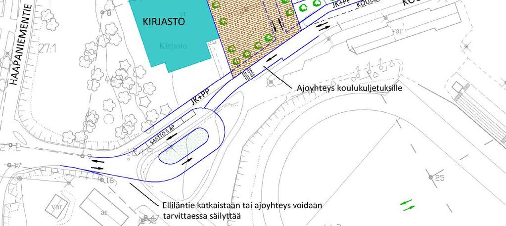 Koulukuja muutetaan kaksisuuntaiseksi välillä Urheilutie Koulukeskus Koulukeskuksen ajoneuvoliittymän kohdalta kuja jatkuu 1-suuntaisena kohti Haapaniementietä