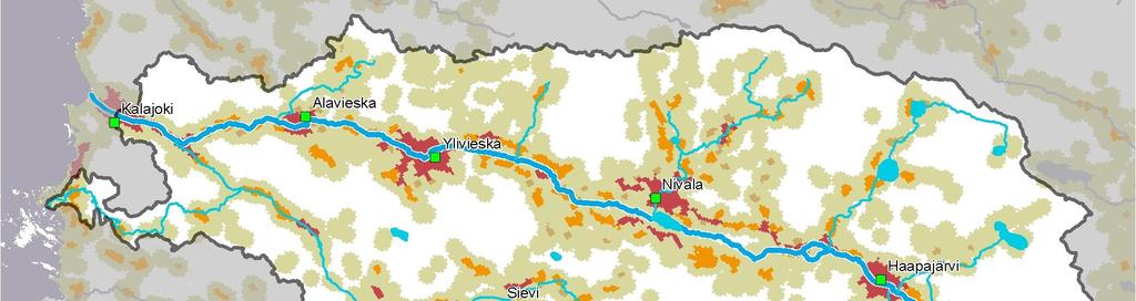 Haapajärvi 8 032 7 462-7,1 % Sievi 5 166 4 896-5,2 % Reisjärvi 3 056 2 388-21,9 % Alavieska 2 899 2 832-2,3 % Yhteensä 52 072 48 441-7,0 % Kuva 2-6. Asutusalueet Kalajoen vesistöalueella.