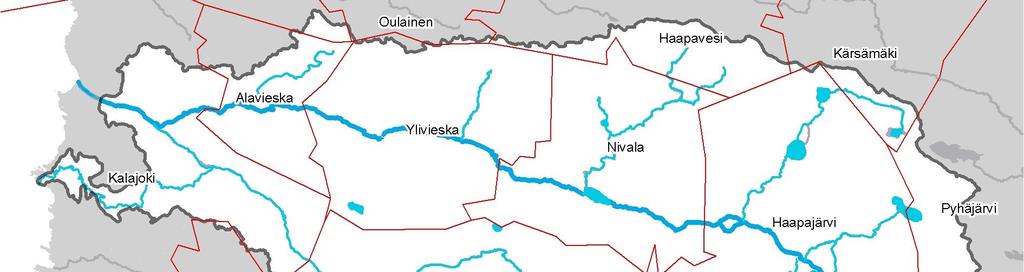 Kuva 2-2. Kalajoen vesistöalue ja alueen kunnat. ( SYKE, hallinnolliset rajat Affecto Finland Oy, Karttakeskus, Lupa L4659) Taulukko 1. Kalajoen vesistöalueen suurimmat sivujoet.