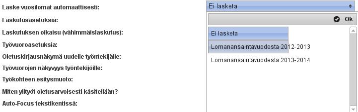 2.1 Yrityskohtaiset asetukset Yrityksen perustiedoissa on alasvetovalikko Laske vuosiloma automaattisesti, josta voi valita Ei lasketa - jolloin vuosilomalaskenta aktivoidaan vain erikseen valituille