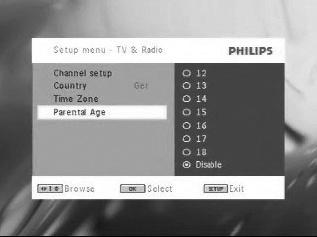 5.9.3 Nauti televisio-ohjelmista Kanavan vaihto Vaihtaaksesi kanavaa, voit joko painaa CH-/CH+, tai painaa kanavan numeroa numeronäppäimistöstä 5.9.4 Asetukset Lapsilukko 1 Paina SETUP.