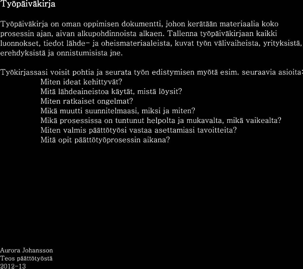 Työkirjassasi voisit pohtia ja seurata työn edistymisen myötä esim. seuraavia asioita: Miten ideat kehittyvät? Mitä lähdeaineistoa káytãft, mistä löysit? Miten ratkaiset ongelmat?