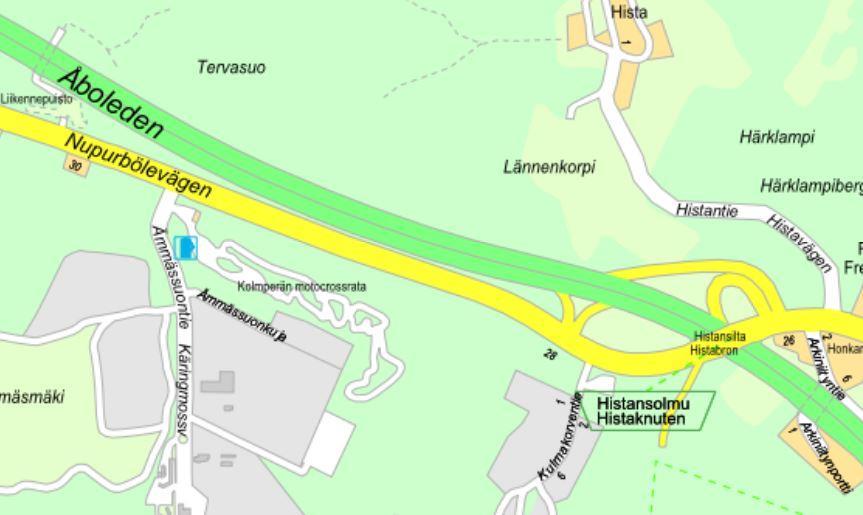 Kuva 2. Suunnittelualueen liikenneverkko (Espoon karttapalvelu) Turunväylä (vt 1) on osa E18 tietä, joka on sekä valtakunnallisesti että kansainvälisesti merkittävä liikenneyhteys.