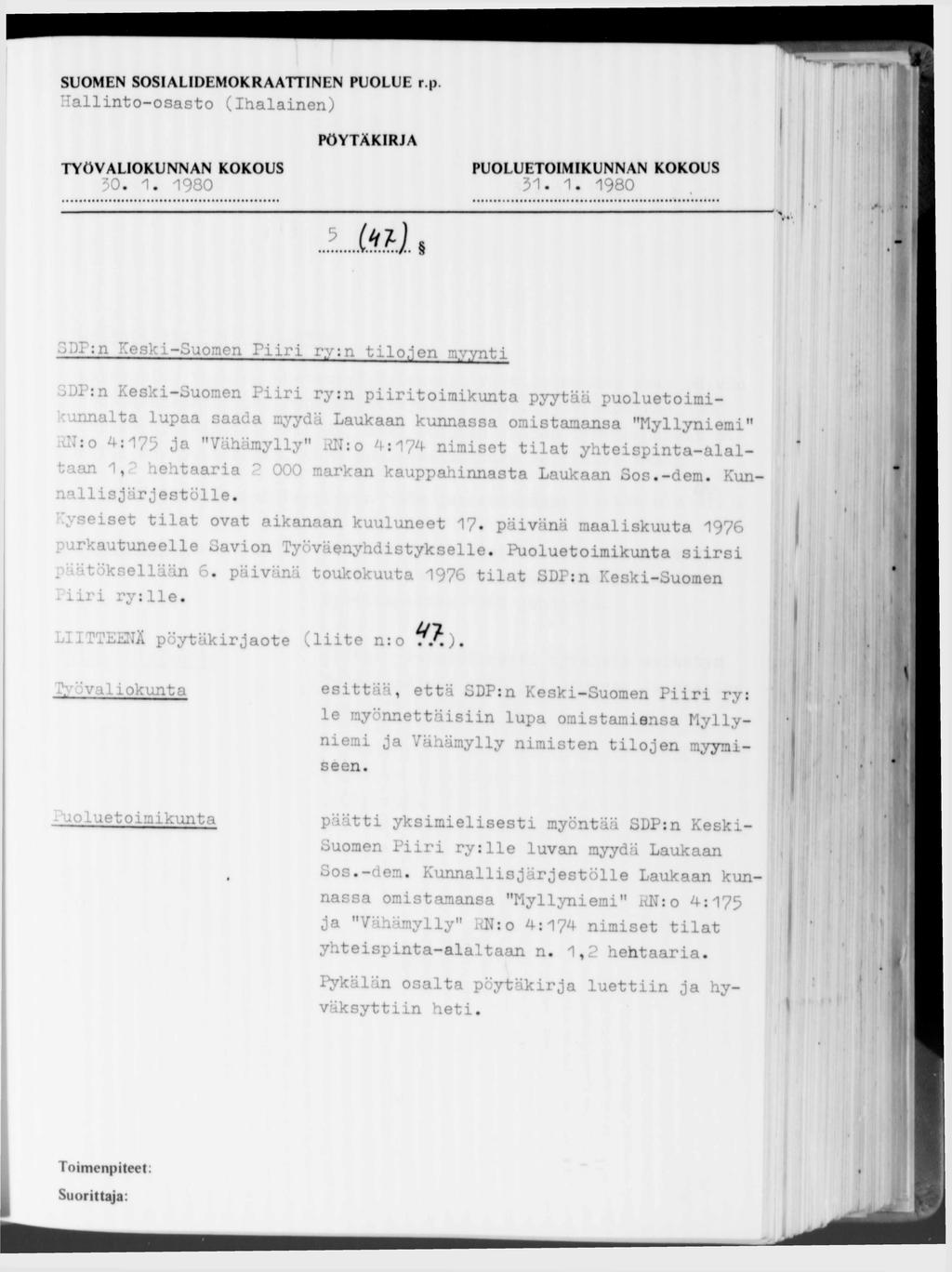 SUOMEN SOSIALIDEMOKRAATTINEN PUOLUE r.p.lallinto-osasto (Ihalainen) ). 1. 1980 31-1- 1980 Ш. ЗРГ:п Keski-Suomen Piiri ry:n tilo.ien myynti jjl.