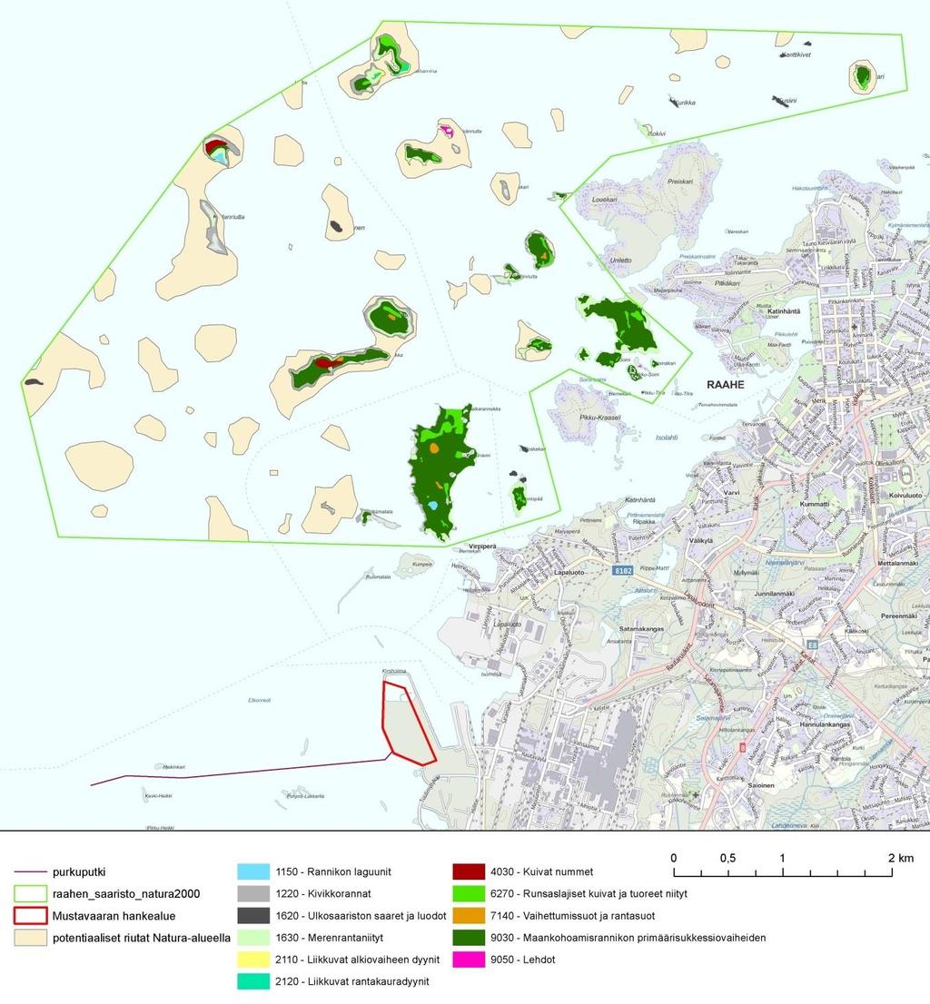 Kuva 5-2. Raahen saariston Natura-alueen luontotyypit Metsähallituksen luontotyyppiinventoinnin perusteella. Kuvassa on esitetty vain ns.