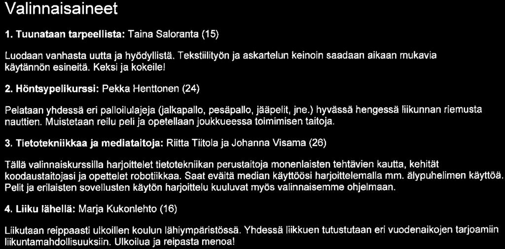 luokilla Yrityskylä opintojakso. Valinnaisaineet 1. Tuunataan tarpeellista: Taina Saloranta (15) Luodaan vanhasta uutta ja hyödyllistä.