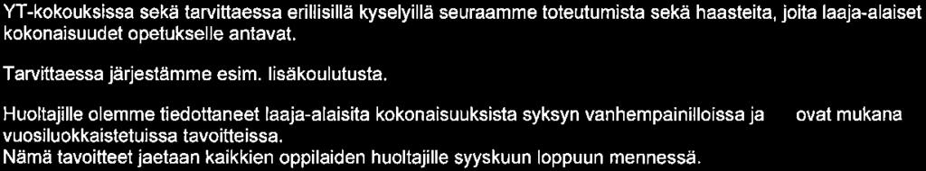 Kostian koulu Sivu 5/10 Laaja-alaiset koulukohtaiset mahdolliset painotukset, järjestelyt, toimenpiteet, seuranta ja arviointi Lukuvuonna 2017-18 ei painotuksia ole.