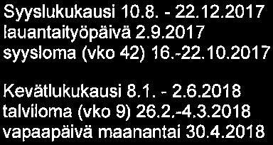 Kostian koulu Sivu 6/10 Pekka Henttonen) Koulukohtaista kehittämisrahaa käytetään tämän hankkeen tukemiseen. 4. Suomi 100 vuotta pääjuhla joulukuussa. Lukuvuoden työ- ja loma-ajat Syyslukukausi 10. 8.