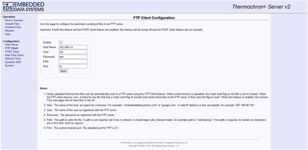 14 FTP asiakasohjelma (FTP Client) Palvelin voi toimia FTP asiakkaana. Thermochron serveri voi tämän toiminnon avulla lähettää tietoa verkossa haluttuun osoitteeseen.