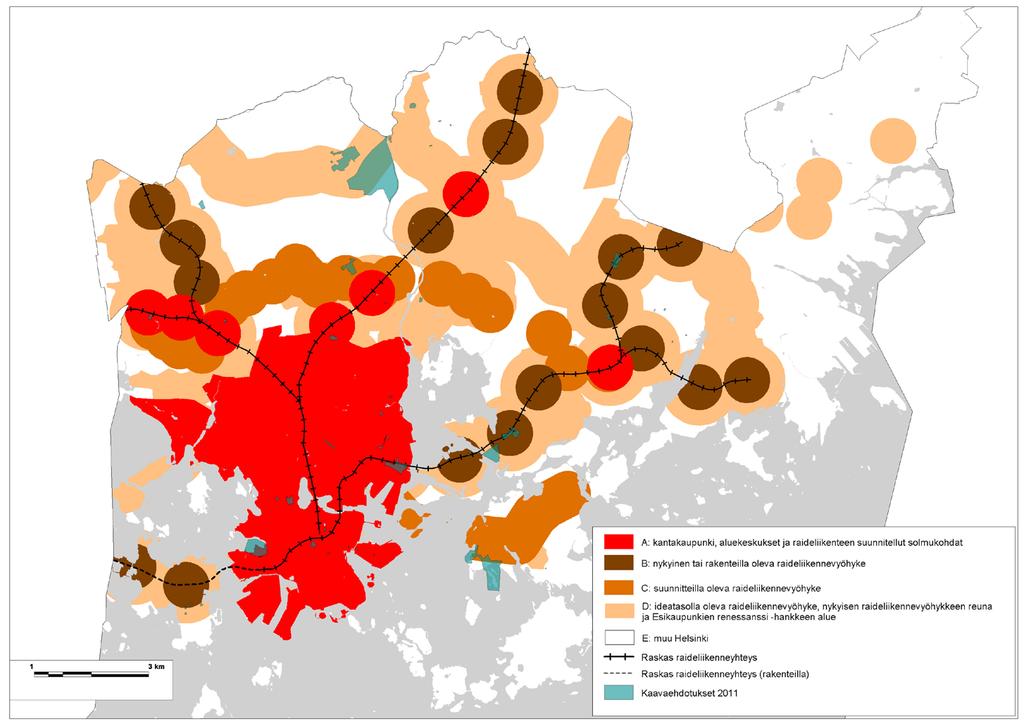 Kartta 1. Kaavoituksen arviointi- ja seurantajärjestelmän vyöhykkeet ja kaupunkisuunnittelulautakunnan hyväksymät vuoden 2011 asemakaavat.