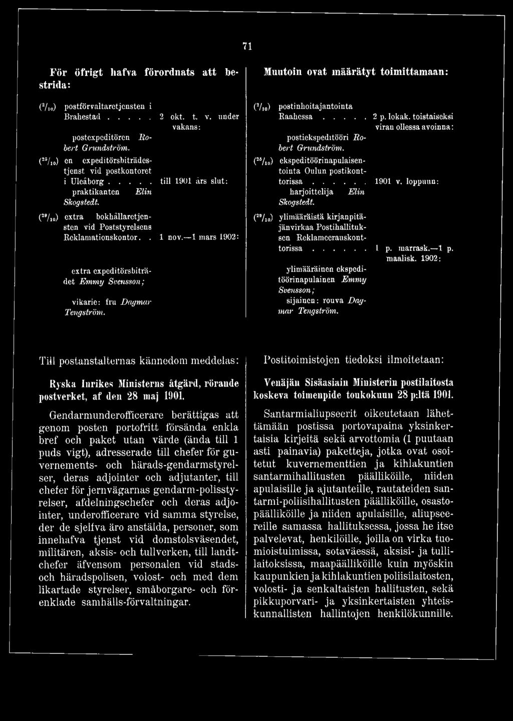 1 mars 1902: extra expeditörsbiträdet Emmy Svensson; vikarie: fru Dagmar Tengström. Muutoin ovat määrätyt toimittamaan: (7, ) postinlioitajantointa R a a h e ssa...2 p. lokak.