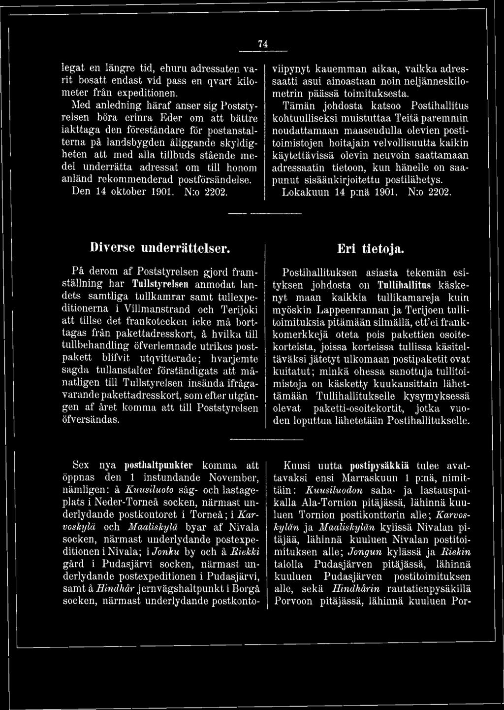 underrätta adressat om till honom anländ rekommenderad postförsändelse. Den 14 oktober 1901. N:o 2202.