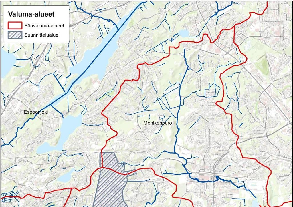4 Kuva 1 Suunnittelualueen sijoittuminen Monikonpuron, Gräsanojan ja Espoonjoen valuma-alueille 2.