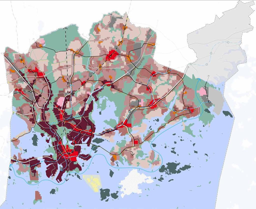 12 2 Yleiskaavaratkaisu Kaupungistuminen jatkuu voimakkaana kaikkialla maailmassa, myös Suomessa. Väestösuunnitteen mukaan Helsingin seutu kasvaa noin 600 000 asukkaalla vuoteen 2050 mennessä.