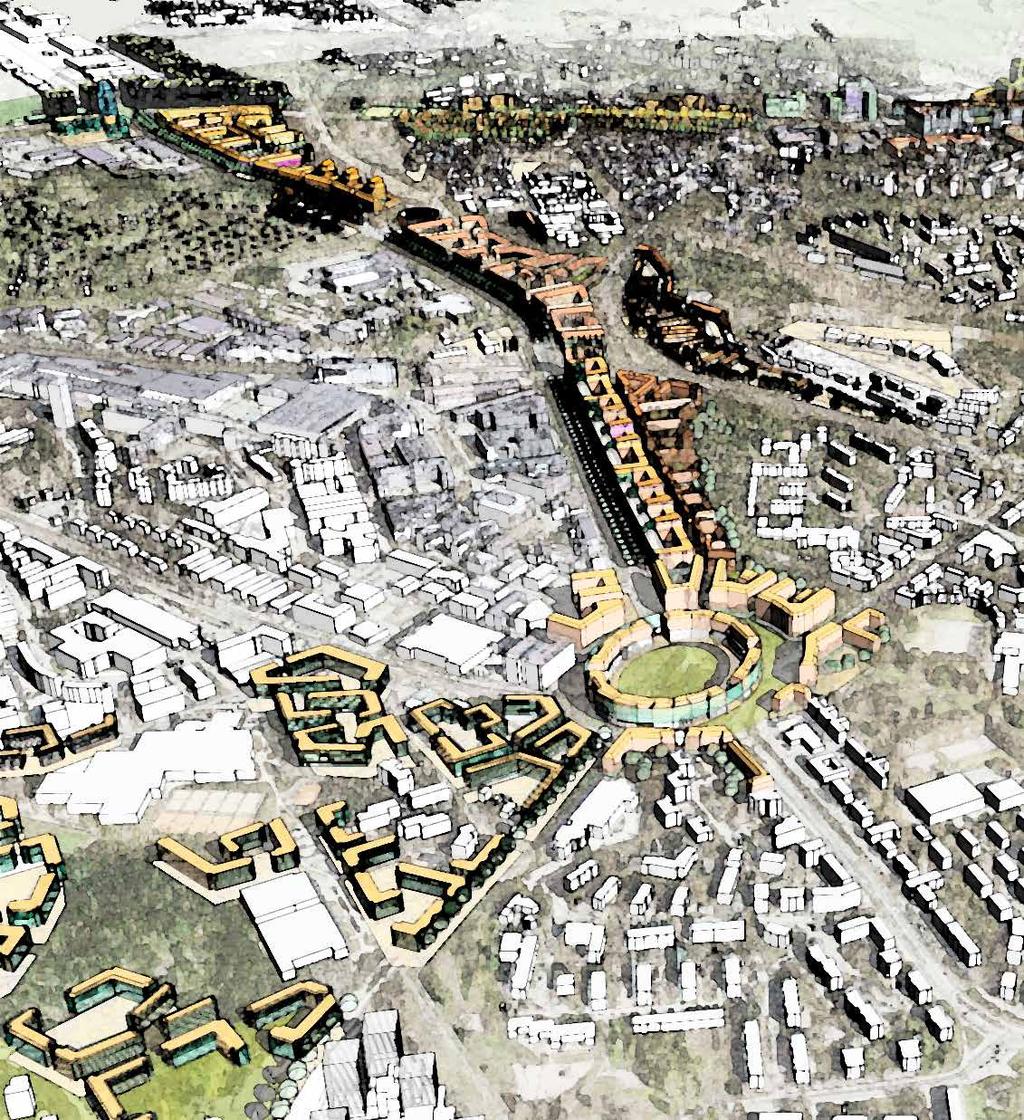 26 Vihdintien- ja Hämeenlinnanväylän bulevardit etelästä nähtynä, kuvan yläreunassa Kehä I. Vihdintien varren kaupunginosat rakentuvat yhteen, samoin idässä yhteydet Haagasta Keskuspuistoon paranevat.