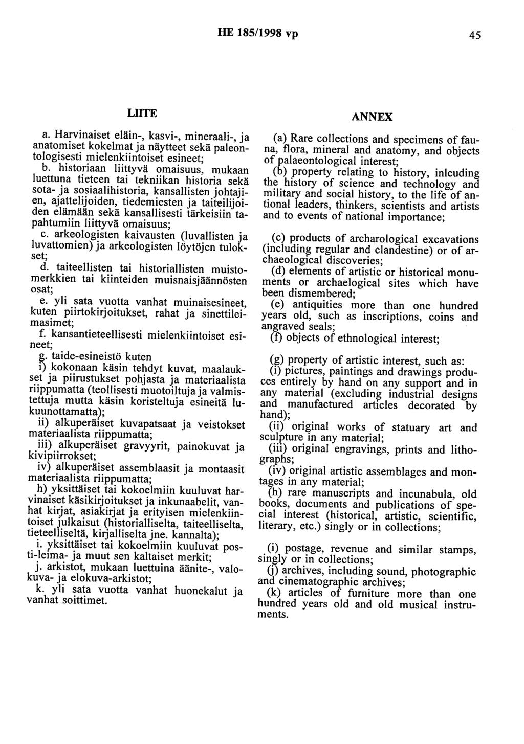 HE 185/1998 vp 45 LllTE a. Harvinaiset eläin-, kasvi-, mineraali-, ja anatomiset kokelmat ja näytteet sekä paleontologisesti mielenkiintoiset esineet; b.