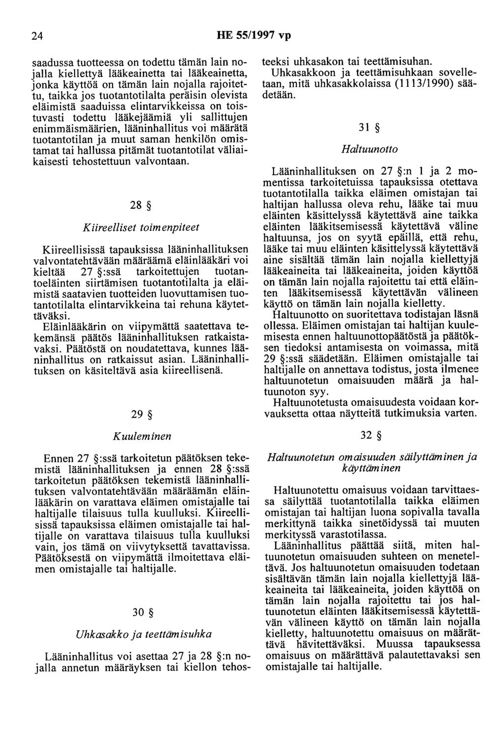 24 HE 55/997 vp saadussa tuotteessa on todettu tämän lain nojalla kiellettyä lääkeainetta tai lääkeainetta, jonka käyttöä on tämän lain nojalla rajoitettu, taikka jos tuotantotilalta peräisin